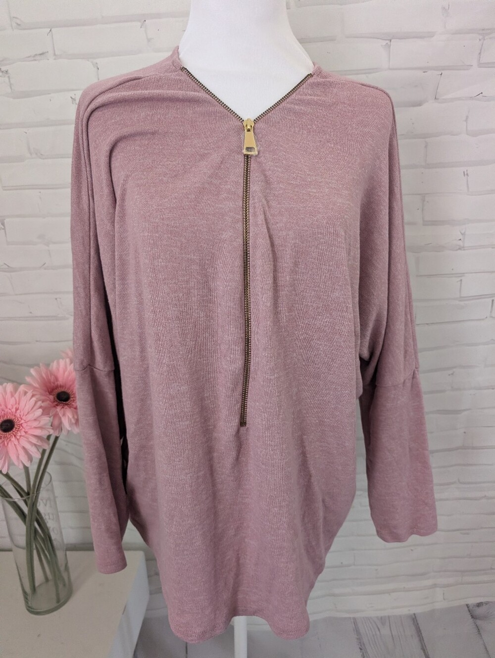 Olivia Blu Women's Dusty Rose Zip-Front Long Sleeve Top